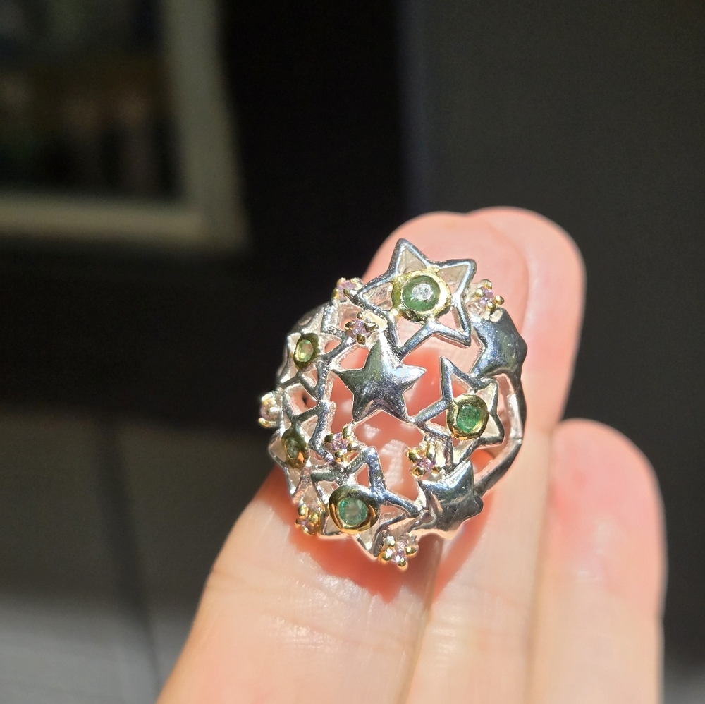 Emerald & Topaz sterling & gold star dome ring sz7.5 - Picture 9 of 12